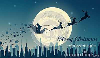 Santa Claus in sleigh and reindeer sled on background of full moon. Vector Illustration